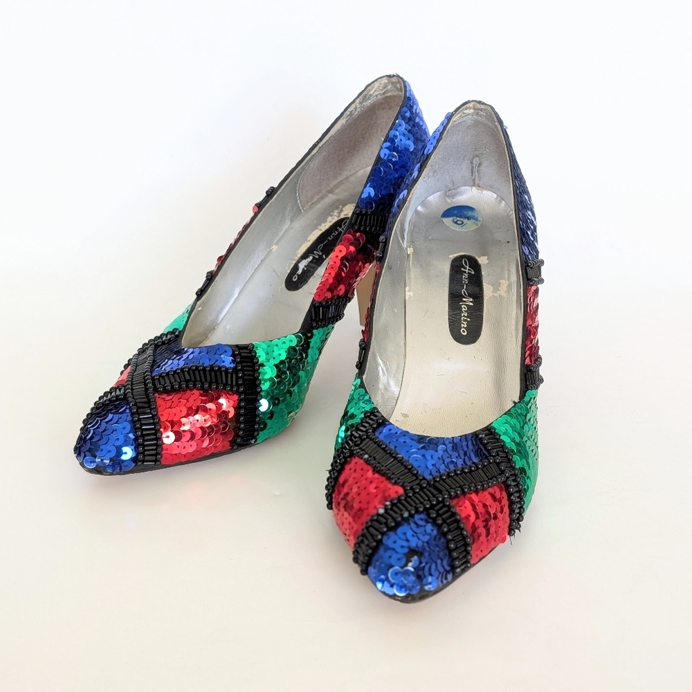 1980s Vintage Sequined Pumps - Multicolored Womens Heels with Sequins